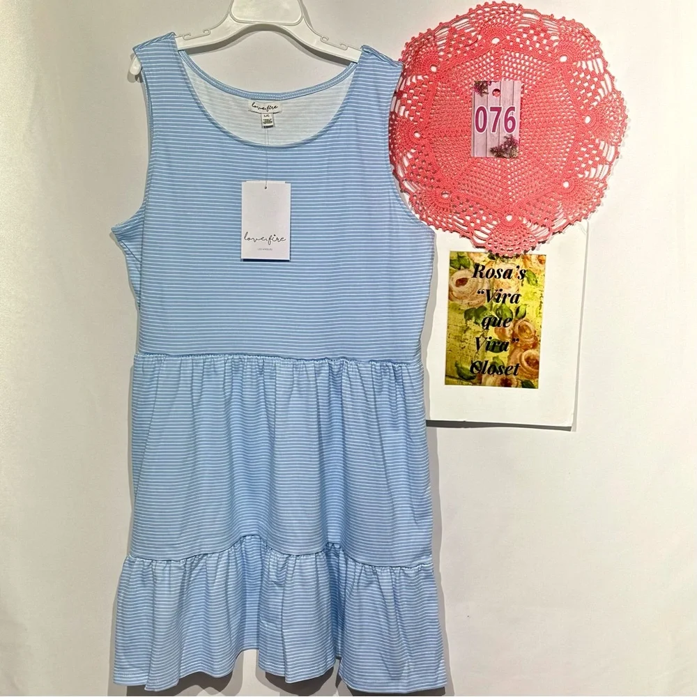 NWT Love Fire Crew Neck Girls Tiered Blue & White Striped Tank Dress Large